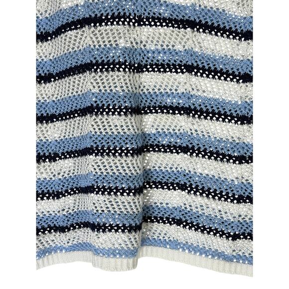 obu Blue & White Stripe V-neck Cotton Crochet Open Knit Summer Tank Top Size M - Picture 6 of 8